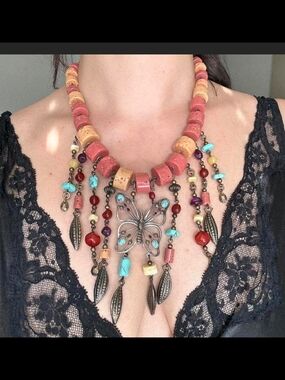 Lucky Brand Coral, Turquoise & Red Butterfly Fringe Necklace